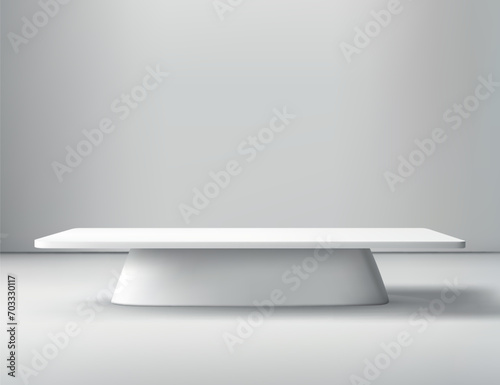 Empty white studio room with blank table podium.