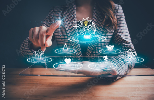 Power soft skills, multi skills responsibility HR human resources concept. personal attribute development, digital Personality, problem solving, adaptability, leadership, creativity, collaboration
