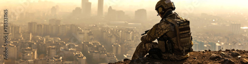 A soldier looks at the city from a high vantage point. AI generated.