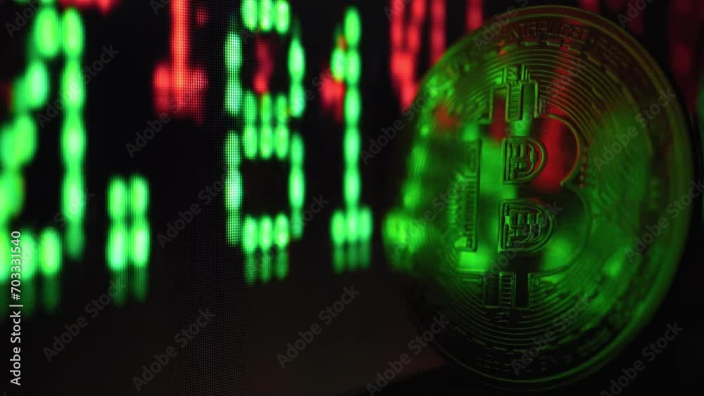 A close-up of the bitcoin coin. The price of bitcoin is falling and rising. Cryptocurrency, the currency of the future. A close-up of the bitcoin coin. The price of bitcoin is falling and rising. Cryptocurrency, the currency of the future.