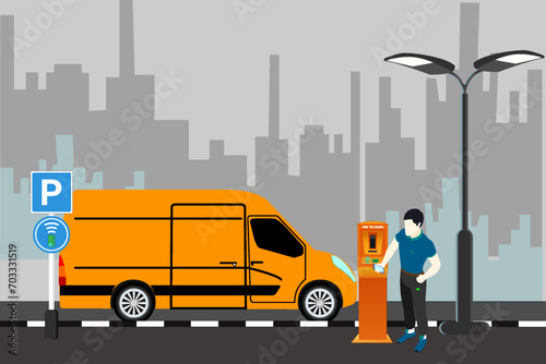 Parking meters.Parking lot with authorized parking machine.Self service parking pay.Wireless, contactless or cashless payments, rfid nfc.