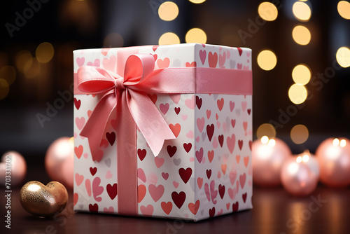 Gift box with hearts and pink bow on the background of bokeh effect. photo