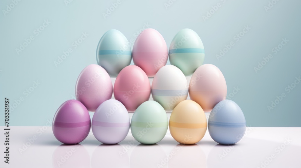 a row of pastel colored eggs on a white surface with a blue background and a light blue wall in the background. a row of pastel colored eggs on a white surface with a blue background and a light blue wall in the background.