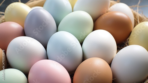  a bunch of eggs sitting in a basket on top of a table next to a plate of food on a table.