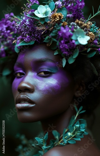 Woman with Purple Floral Crown. Enigmatic Woman with Purple Flowers.