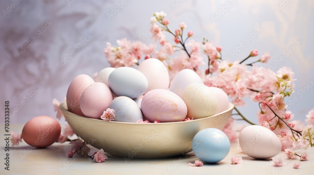  a bowl filled with eggs sitting on top of a table next to a bunch of pink flowers on a table.