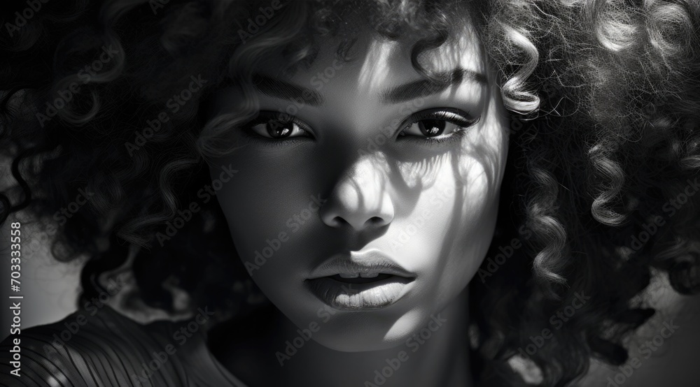 illustration of a portrait of a stunning woman with voluminous, curly hair