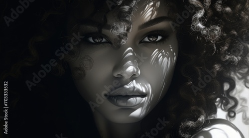 illustration of a portrait of a stunning woman with voluminous, curly hair