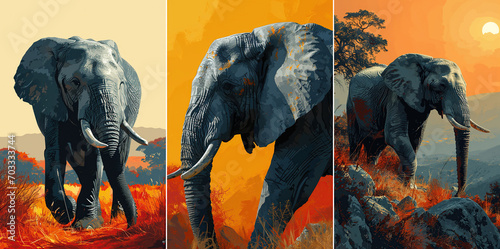 Striking full body poses of of a elephant in colorful background settings