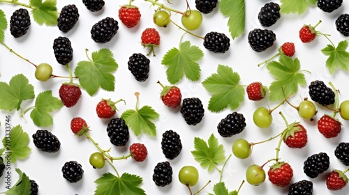  a bunch of blackberries, raspberries, and grapes on a white surface with green leaves and leaves.