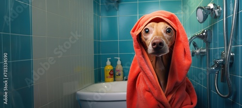 Fotografering Une image drôle d'un chien dans une salle de bain avec une serviette sur la tête