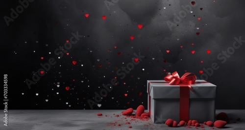 Fête de la Saint-Valentin, un paquet cadeau entouré de cœurs rouges, dans le style gris foncé et noir foncé, des points ressemblant à des confettis
