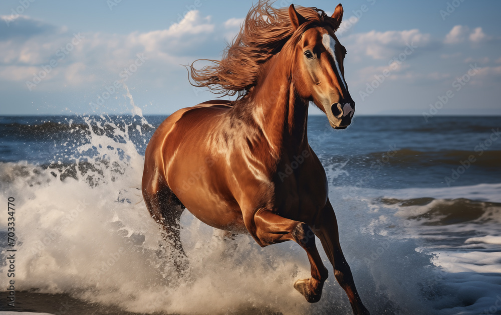 Un cheval galopant sur une plage au bord de la mer Un cheval galopant sur une plage au bord de la mer