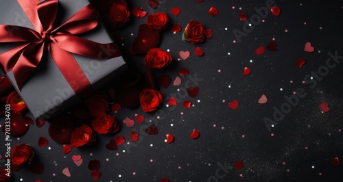 Fête de la Saint-Valentin, boîte cadeau avec nœud rouge et confettis à motifs de cœurs, dans le style gris foncé et noir, toile de fond