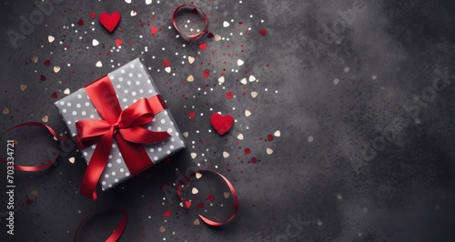 Fête de la Saint-Valentin, boîte cadeau avec nœud rouge et confettis à motifs de cœurs, dans le style gris foncé et noir, toile de fond