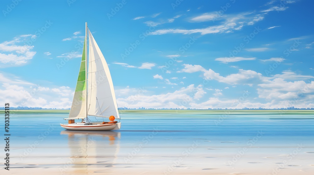 An empty white sailboat with yellow, blue and green pattern sails looks outstanding moored on the sandy beach against the background of the sea, island and blue clear open sky on a sunny summer day. 
