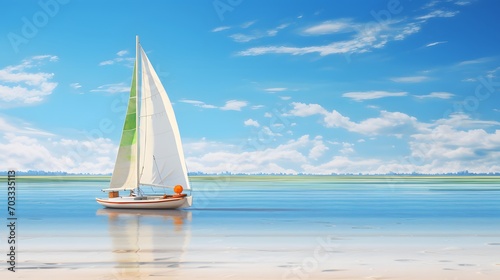 An empty white sailboat with yellow  blue and green pattern sails looks outstanding moored on the sandy beach against the background of the sea  island and blue clear open sky on a sunny summer day.   