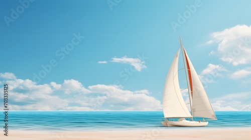 An empty white sailboat with yellow, blue and green pattern sails looks outstanding moored on the sandy beach against the background of the sea, island and blue clear open sky on a sunny summer day.  