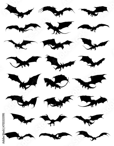Set of dragon in flight silhouette - transparent background - full view of various dragons in flight - mega pack © Mr. PNG