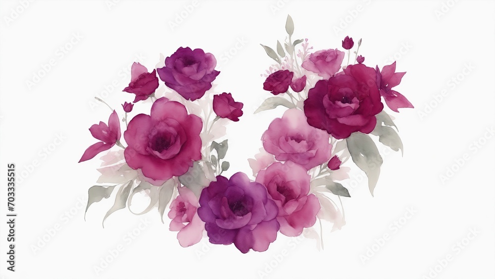 Maroon Watercolor Flowers in Shape of Heart on White Background