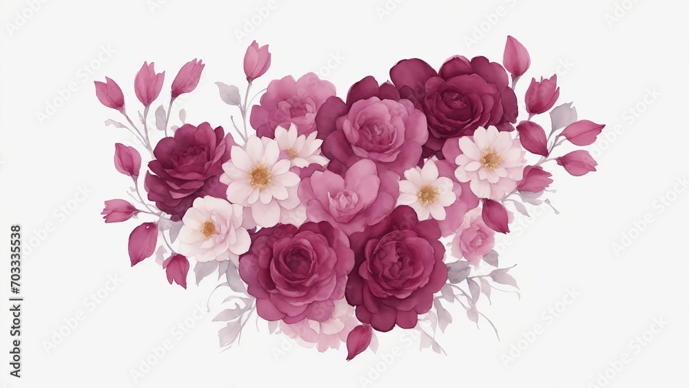 Maroon Watercolor Flowers in Shape of Heart on White Background
