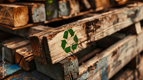 Stack of wooden planks or pallets, each prominently featuring a green recycle symbol, indicating an eco-friendly approach to materials.
