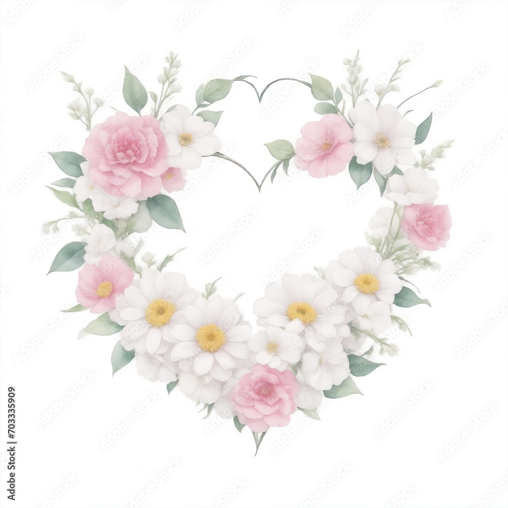 Pink and White Watercolor Flowers in Shape of Heart on White Background Pink and White Watercolor Flowers in Shape of Heart on White Background