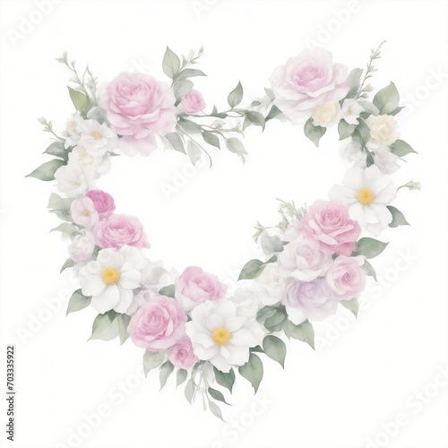 Pink and White Watercolor Flowers in Shape of Heart on White Background