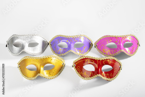 Set of Carnival masks on white background, vintage masquerade accessories © yta