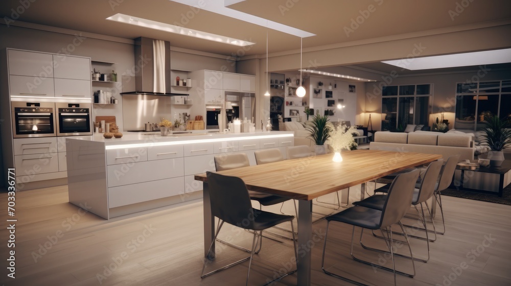 Spacious kitchen furnished with chairs, table, stools, sink, island and large fridge extending into the lounge room in a modern home Spacious kitchen furnished with chairs, table, stools, sink, island and large fridge extending into the lounge room in a modern home