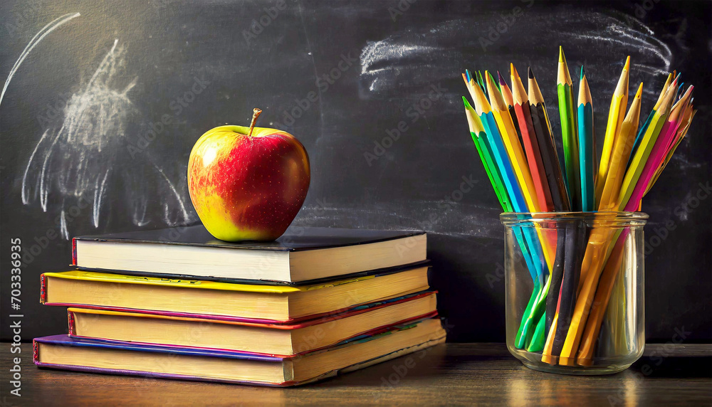 Close-up of a stack of books, a group of colored pencils and an apple on a school table, against an empty chalk-stained blackboard. Back to school concept.