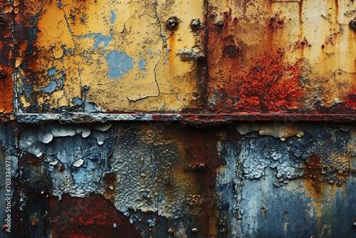 Rustic beauty of peeling paint on metal, a rich tapestry of decay with vibrant hues of yellow, orange, and blue © Qmini