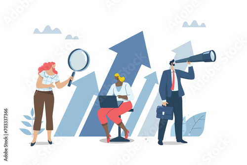 Discovering new business opportunities and investments, Vision and goal setting, Profit analysis and strategic plan creation, Business team analyzing and future corporate goals. Vector illustration. photo