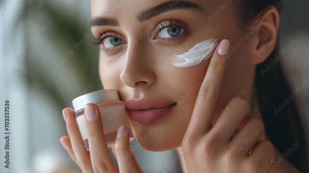 Beautiful young woman applying skin care cream on her face Facial care Caring for a younger look Beautiful young woman applying skin care cream on her face Facial care Caring for a younger look