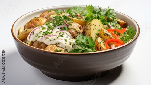  a close up of a bowl of food with meat and vegetables on a white table with a white tablecloth.