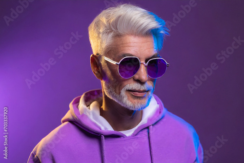 uomo giovanile felpa viola moderno capelli bianchi anziano  photo