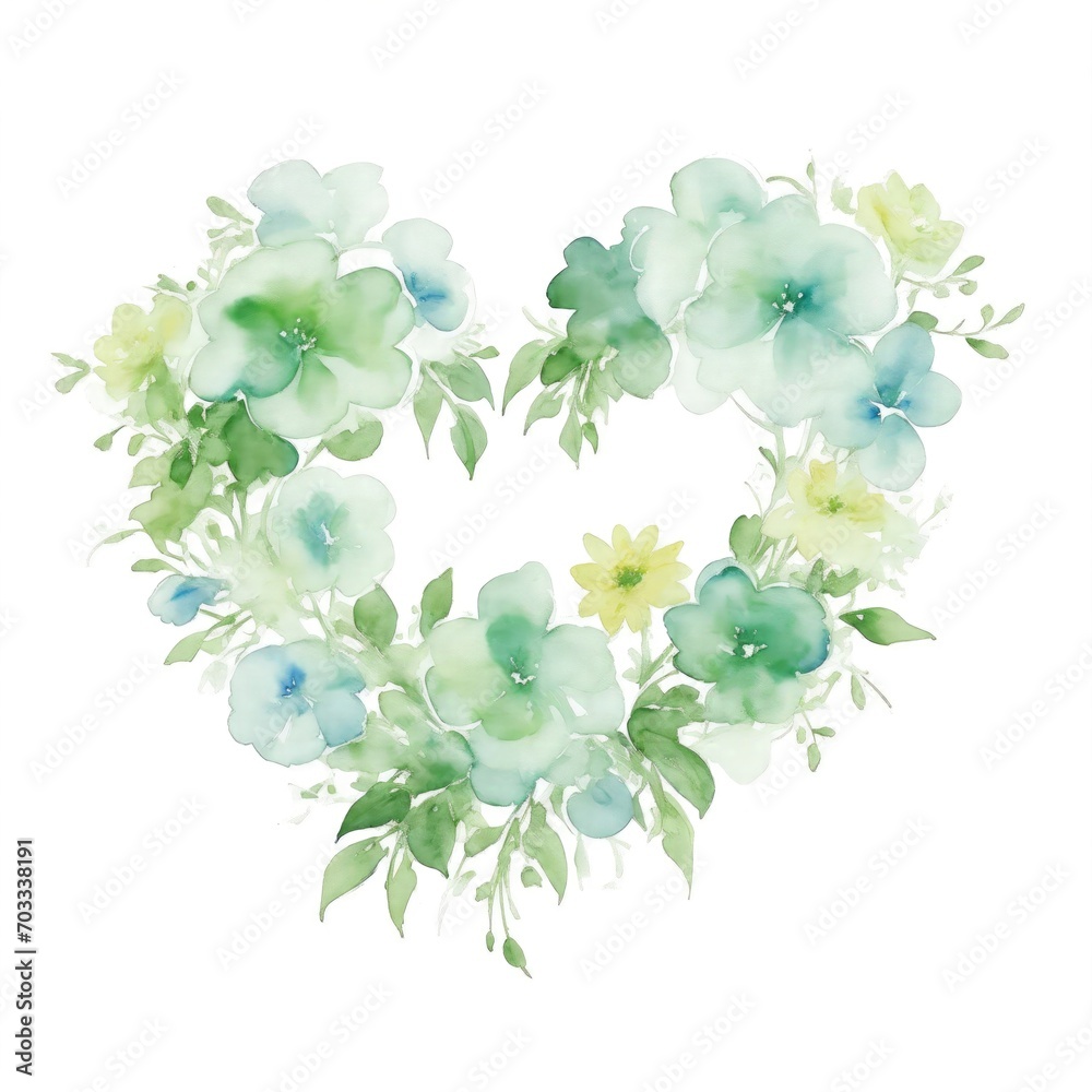 Fototapeta premium Green Watercolor Flowers in Shape of Heart on White Background