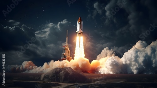 New space shuttle rocket with smoke and blastoff successfully takes off into the starry sky. Spaceship liftoff into deep dark space. concept. Travel to cosmos