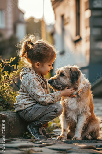 Little girl caring and playing with her pet puppy dog outdoors