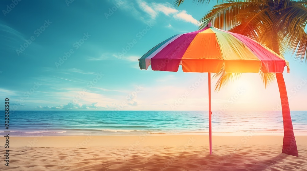 Summer beach background. Striped umbrella and coconut palm tree with seascape and island on beautiful tropical colorful gradient sky on sunny day.