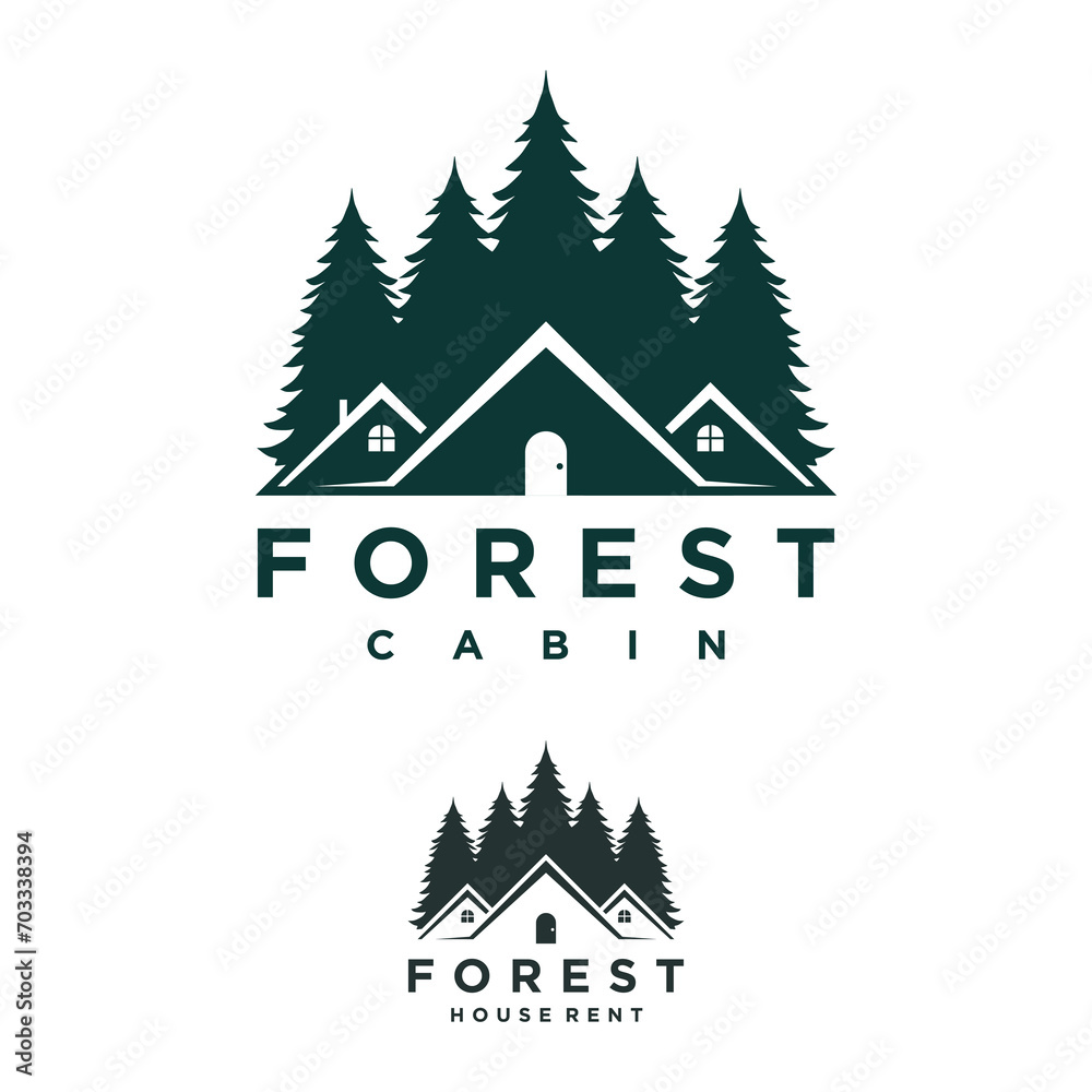 Logo design template for cabin house rental with forest mountain. home cabin logo construction. house mountain logo template Vector illustration Logo design template for cabin house rental with forest mountain. home cabin logo construction. house mountain logo template Vector illustration