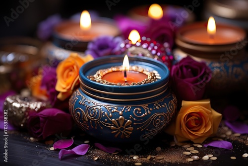 Ornate candles amidst vibrant roses  intimate illumination  rich colors  and festive ambiance