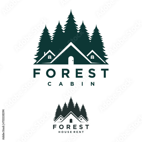 Logo design template for cabin house rental with forest mountain. home cabin logo construction. house mountain logo template Vector illustration