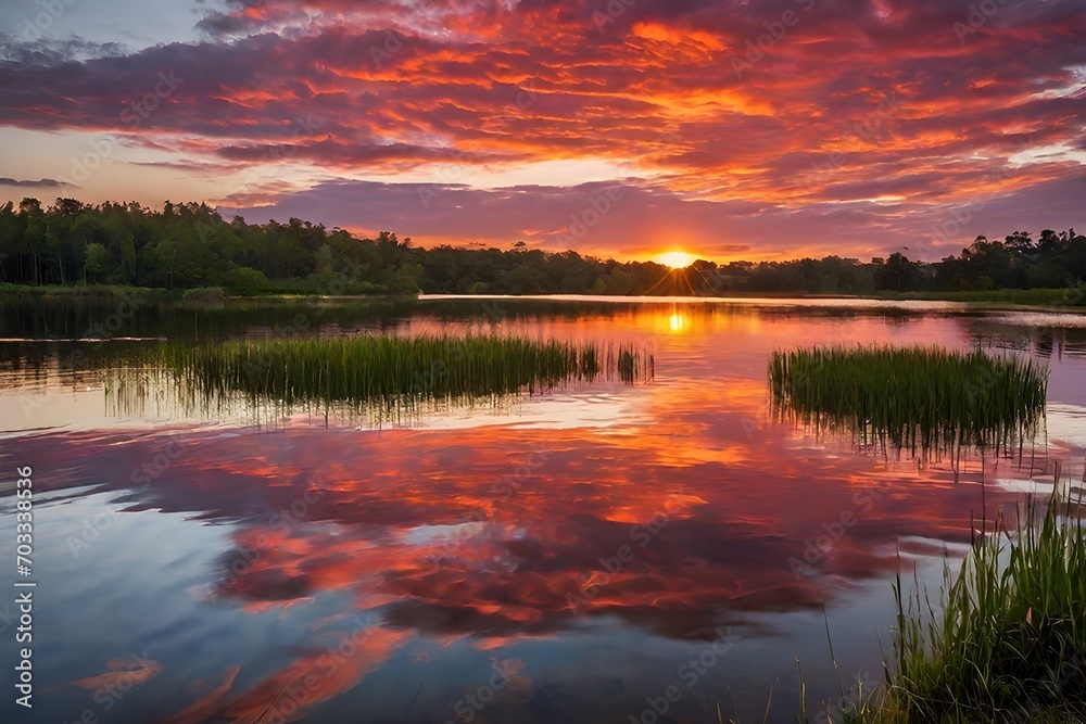 A picturesque sunset reflecting on a lake with heart shaped ripples A picturesque sunset reflecting on a lake with heart shaped ripples