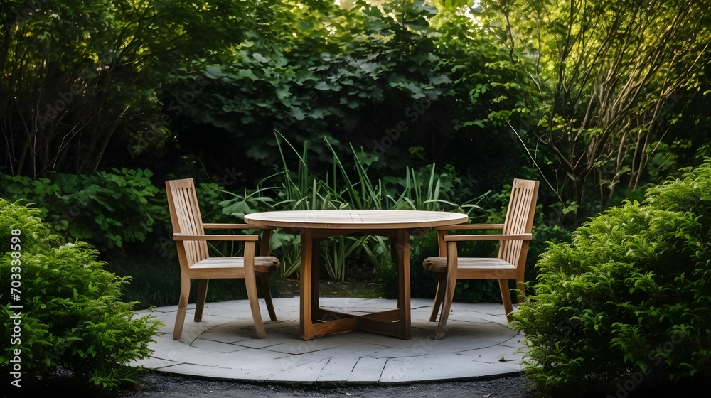 Wood table set in the garden. White empty round table around with empty wooden armchairs seat and wood bench chair on the gravel ground near the green leaves and bush decoration in the outdoor garden. Wood table set in the garden. White empty round table around with empty wooden armchairs seat and wood bench chair on the gravel ground near the green leaves and bush decoration in the outdoor garden.