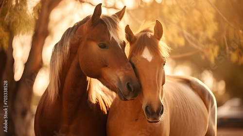 Two brown horses embracing with their heads with love in friendship. A cute happy couple horse in the outdoor sand paddock with tree background in the farm.