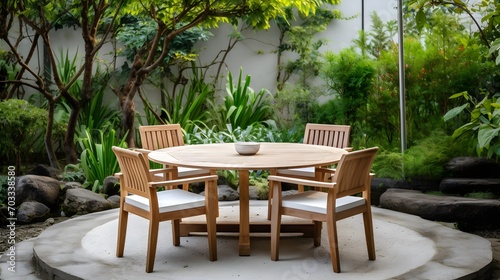 Wood table set in the garden. White empty round table around with empty wooden armchairs seat and wood bench chair on the gravel ground near the green leaves and bush decoration in the outdoor garden. © Ziyan Yang