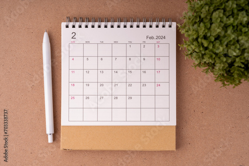 February 2024 desk calendar flat lay