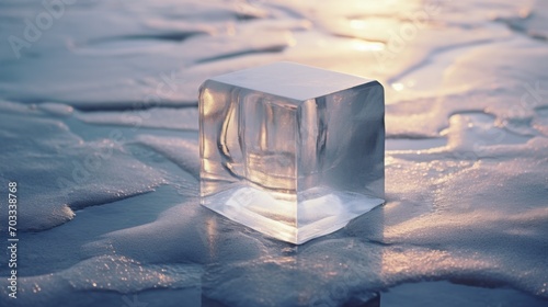  a block of ice sitting on top of ice floes on top of a frozen lake with the sun in the background. photo