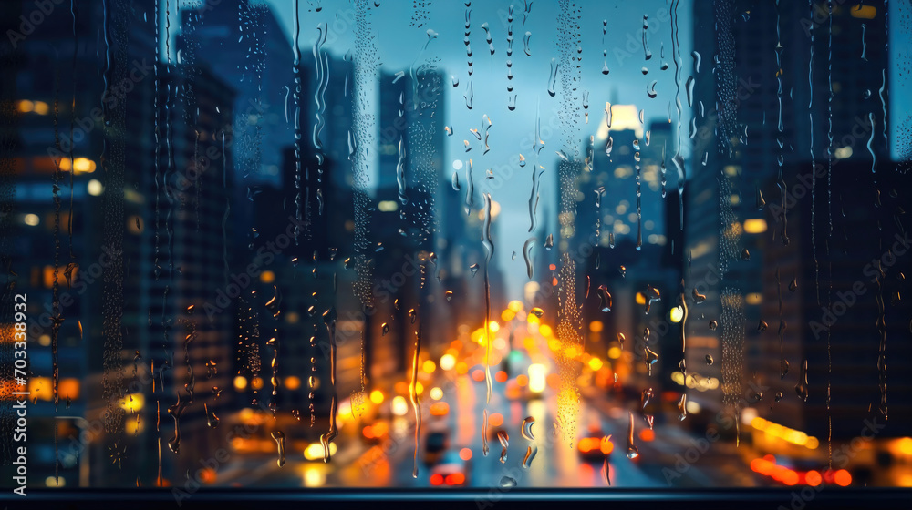 Cityscape at Night: Raindrops on Window with Blurred Bokeh